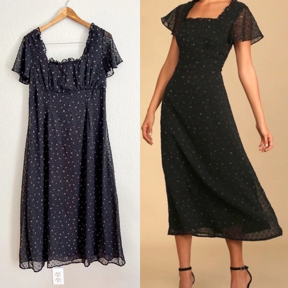 So Kiss Me Black Floral Print Swiss Dot Maxi Dress